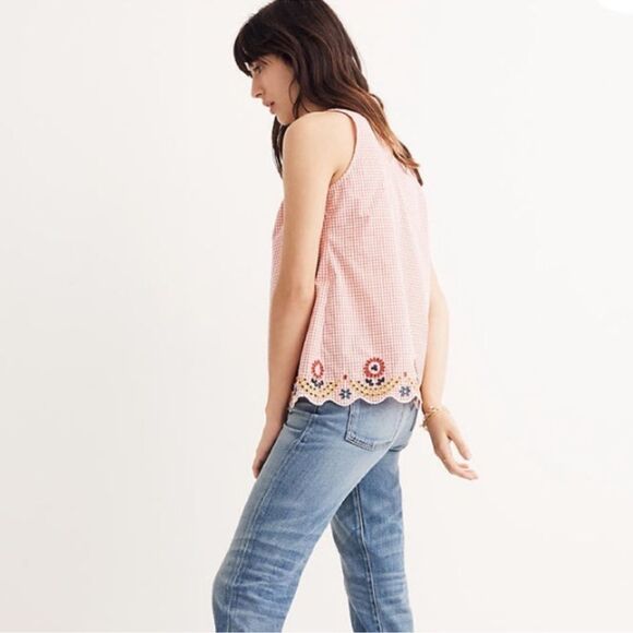 Madewell Pink Gingham Tank Top with Floral Embroidery. Size Small. - Picture 2 of 12